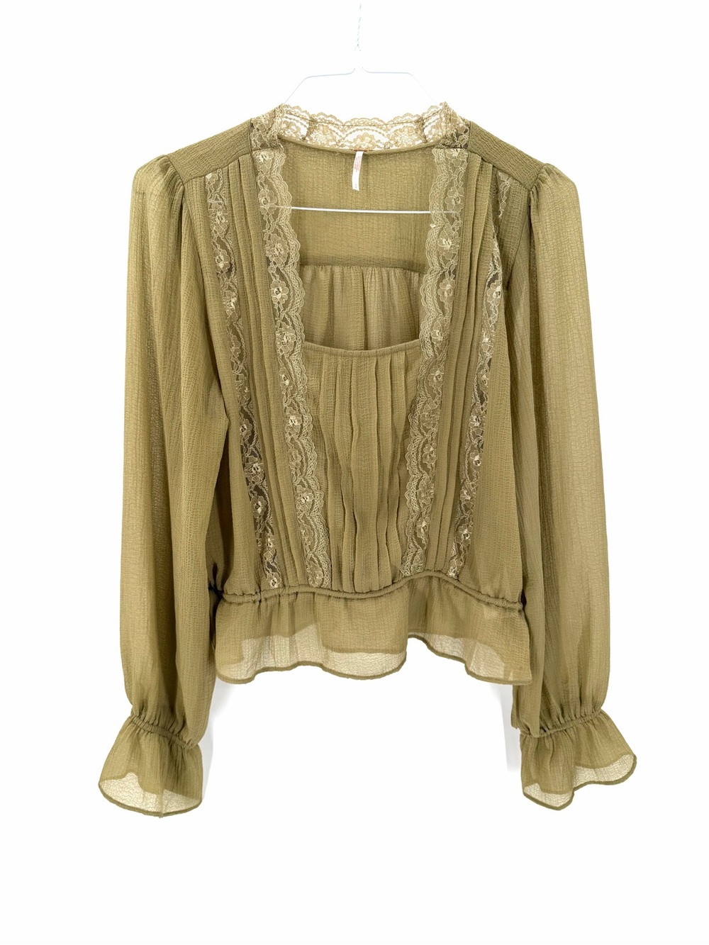 Free People Green Square Neck Boho Cottage Long Sleeve Prairie Blouse Top - Picture 2 of 6